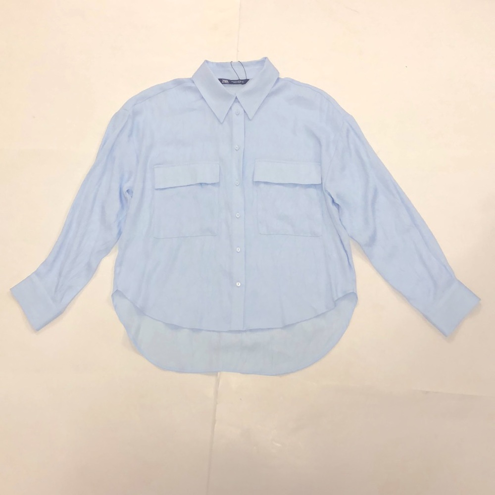 Zara S Shirt Blue Long Sleeve 2 Pocket Crepe Button Low Back Excellent Condition